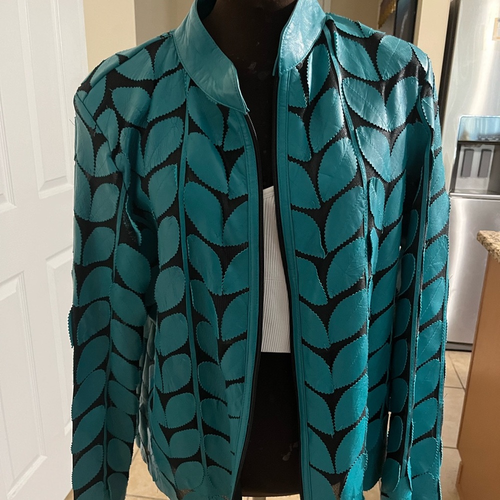 Green/turquoise leather leaf jacket